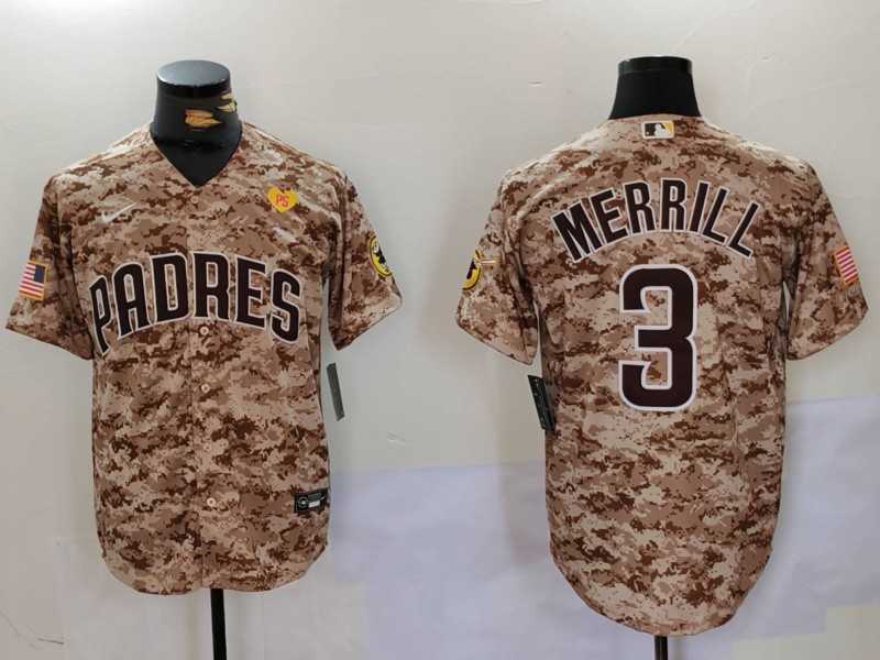 Mens San Diego Padres #3 Jackson Merrill Camo With PS Patch Cool Base Stitched Jersey